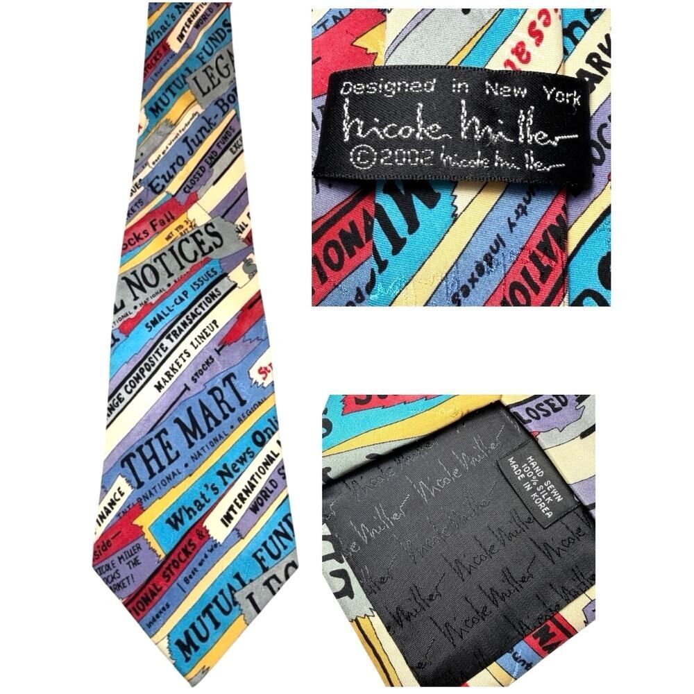 Vtg 2002 Nicole Miller NASDAQ Novelty Tie Hand Sewn Silk Wall Street Stocks